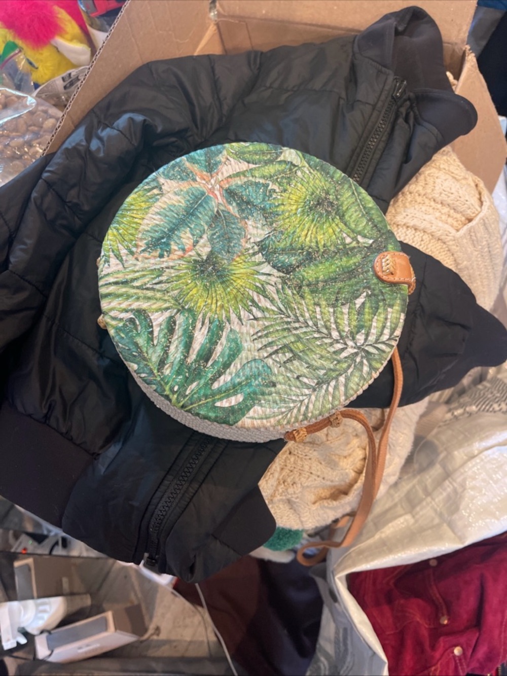Round Tropical Leaf Crossbody Bag - Green Palm Print rattan straw bag boho chic